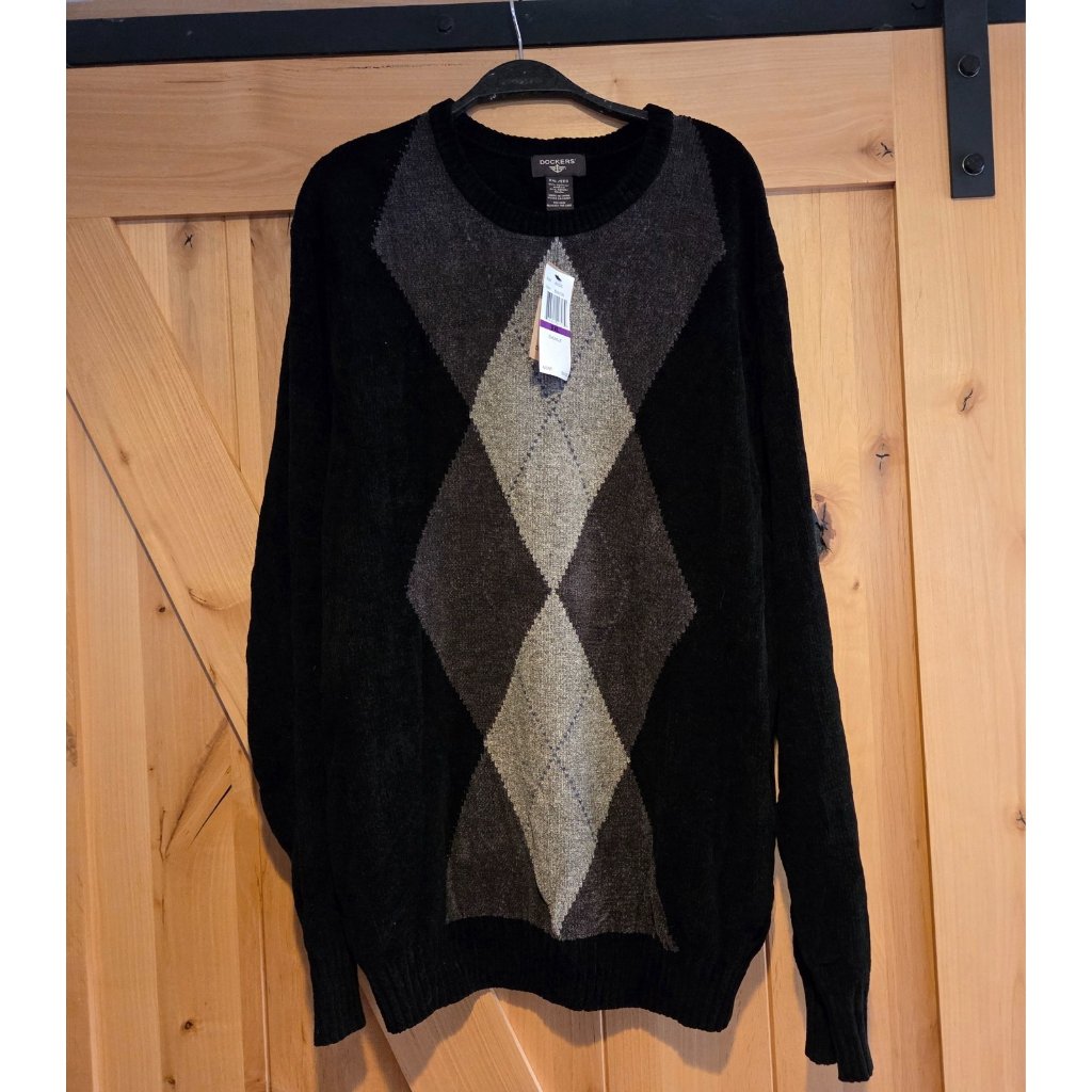 New! Dockers Mens Xxl Tweed Chenille Sweater Black Gray Tartan
